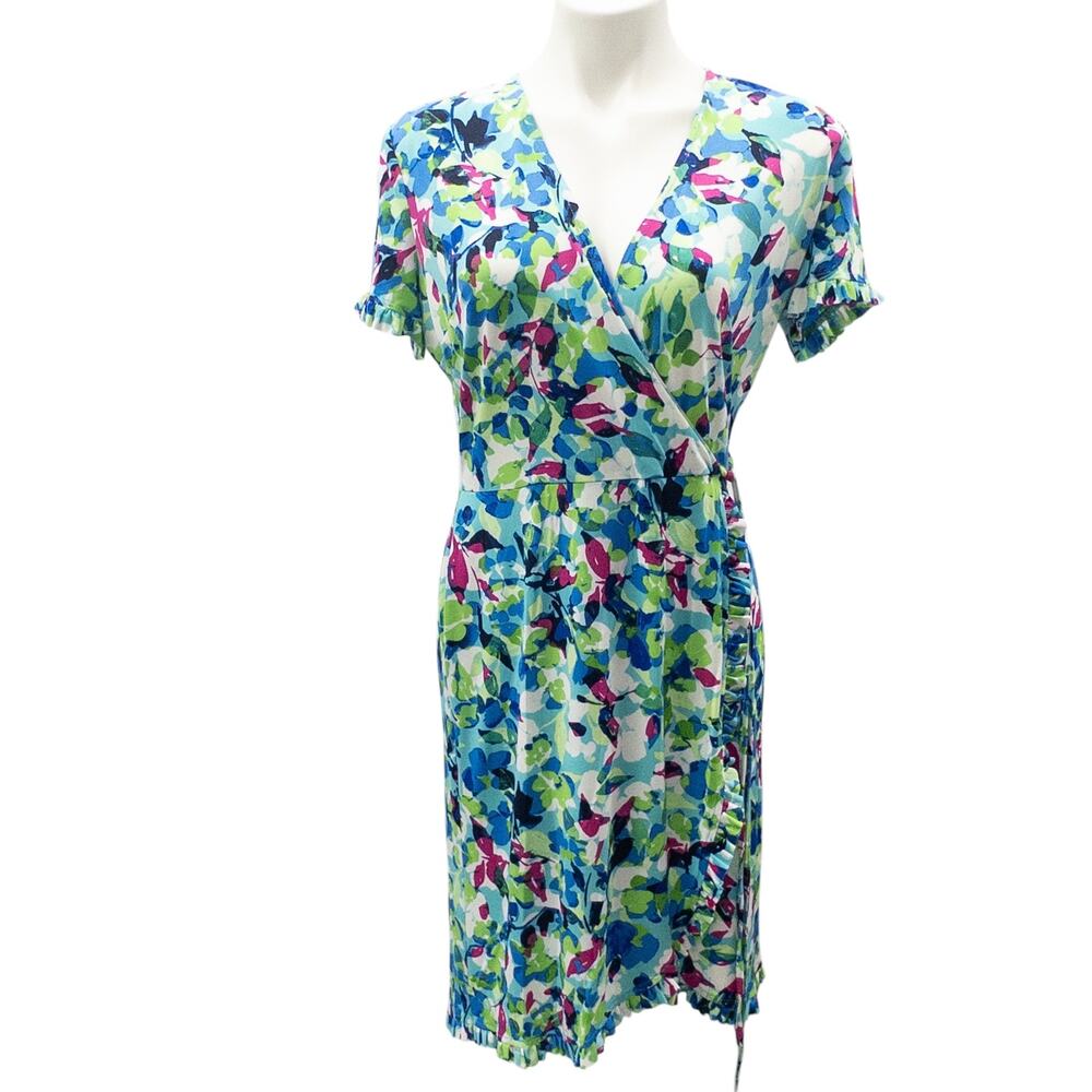 London Times Faux Wrap Midi Dress Sz 8 Blue Green Pink Abstract Floral Stretch
